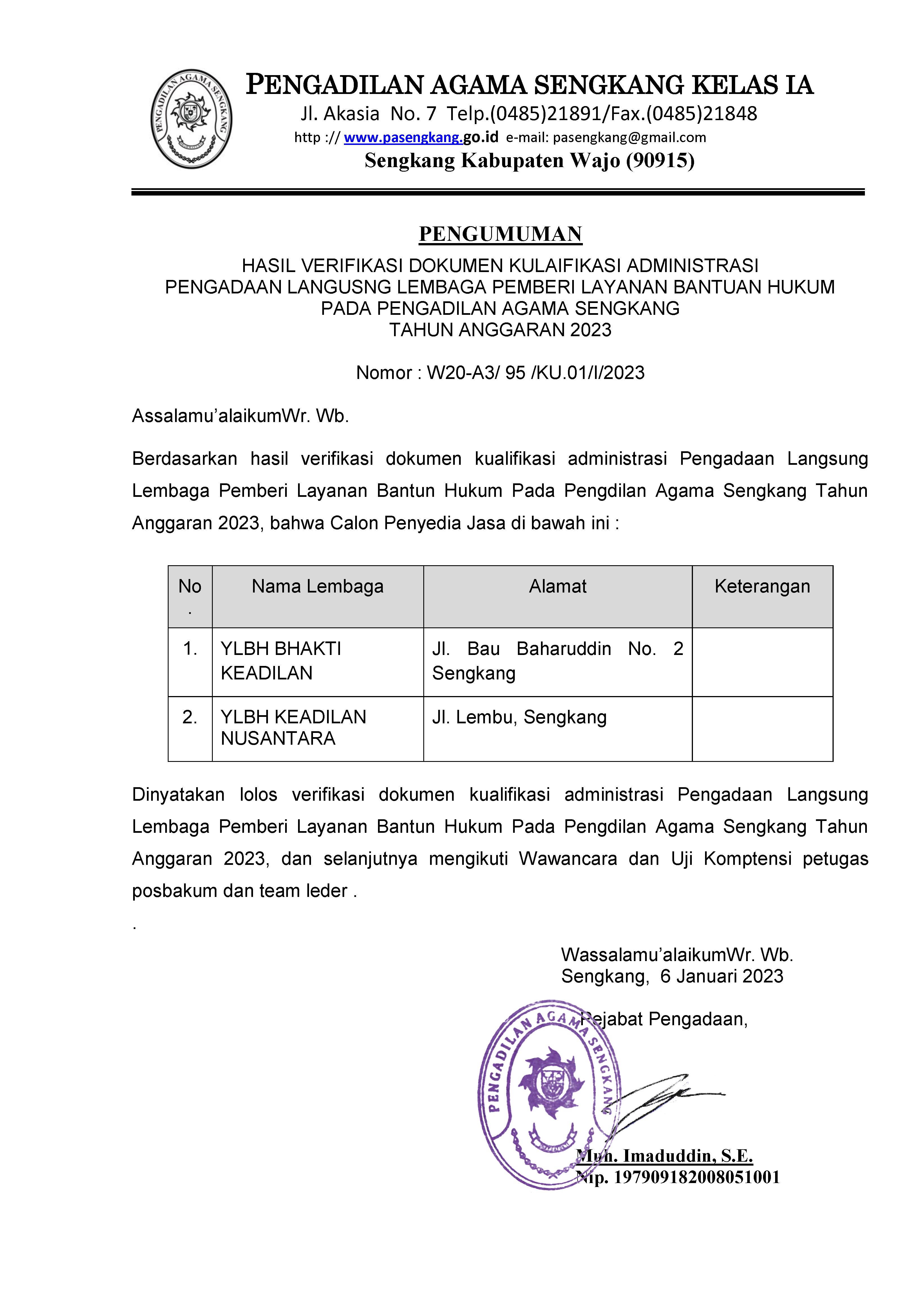 Pengumuman Hasil Verifikasi Dokumen